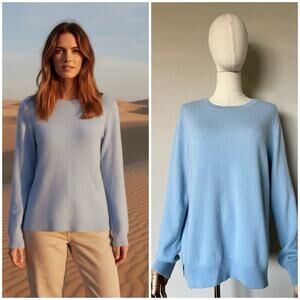 Antonio Melani XL 100% Cashmere Cameron Crew Neck Sweater Maya Blue Ribbed Hem